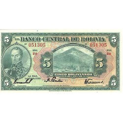 1928 - Bolivia P120a billete de 5 Bolivianos