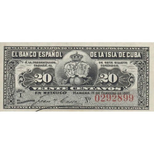 1897 - Cuba P53 20 Centavos banknote
