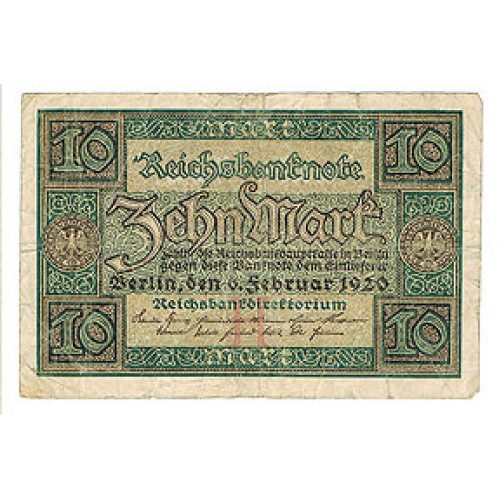 1920 - Alemania PIC 67a billete de 10 Marcos S/C
