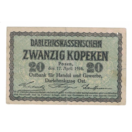 1916 - Alemania PIC R120 billete de 20 Kopeken MBC
