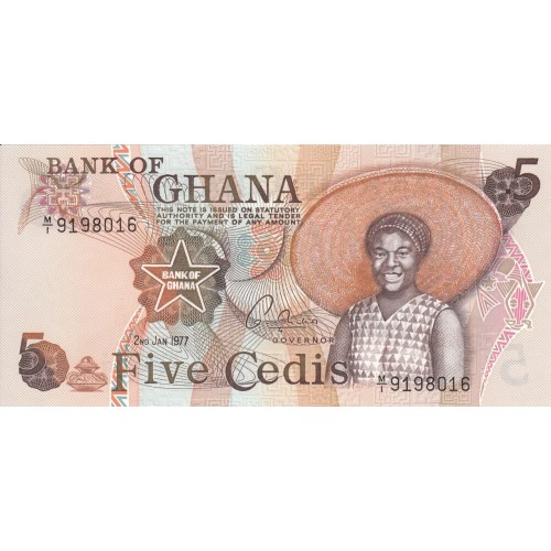 1977 - Ghana Pic 15b 5 Cedis banknote  UNC