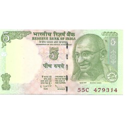 2009 - India PIC 94Aa 5 Rupees banknote S.90 (Letter E) UNC