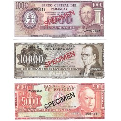 1979 - Paraguay LOT PIC CS1 10 to 10.000 Guaranies banknotes SPECIMEN (5 banknotes) UNC