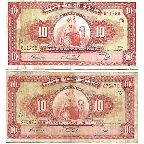 1966 - Perú PIC 84 billete de 10 Soles Oro BC