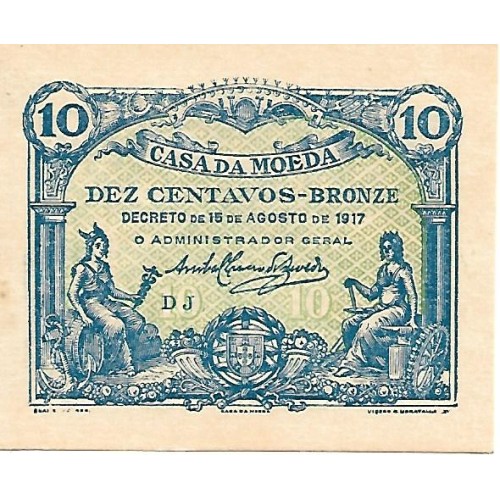 1917 - Portugal PIC 95c billete de 10 Centavos S/C