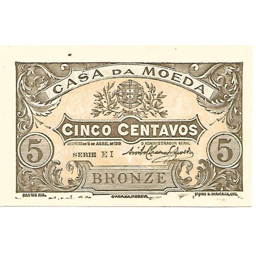 1918 - Portugal PIC 99 billete de 5 Centavos S/C