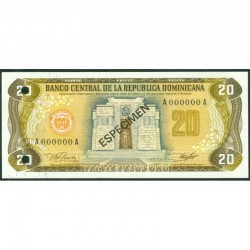 1978 - República Dominicana P120s1 billete 20 Pesos Oro Specimen